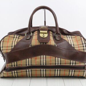 Burberry Tan Plaid Canvas and Brown Leather Duffel Bag